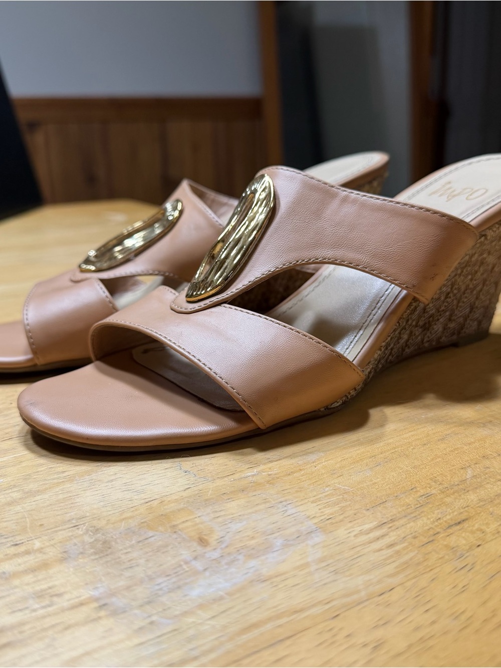 Wedge Slide Sandals in Nude Tan with Gold Accent